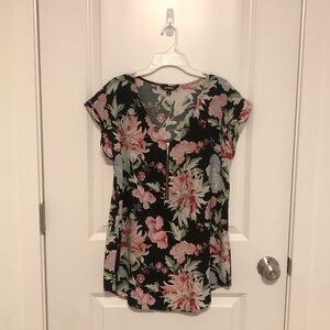 Express Black Floral Silky Short Sleeve Blouse